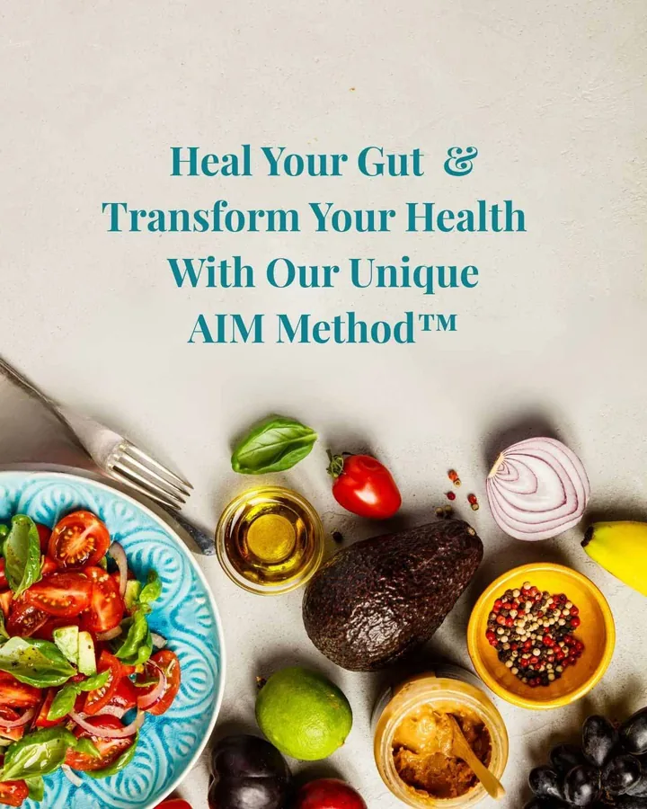 Prana Thrive graphic with food and the line Heal Your Gut and Transform Your Health With Our Unique AIM Method, from the Prana Thrive website